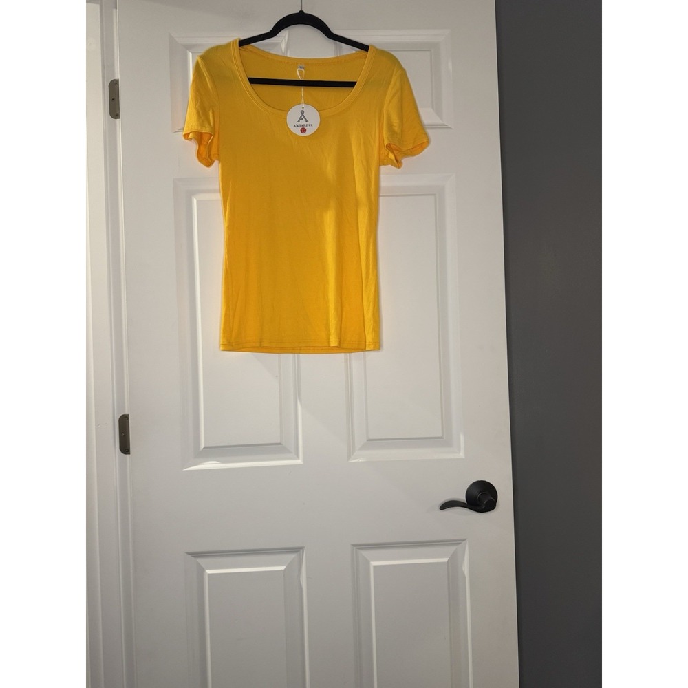 Anrabess Ribbed Scoop Neck Basic T Shirt Large Yellow Nwt